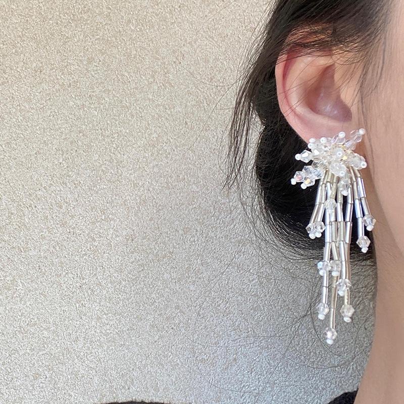 Glass Flower Tassel Earrings Light Luxury Premium Temperament Earrings Fashion Internet celebrity Same Fresh Earrings Women