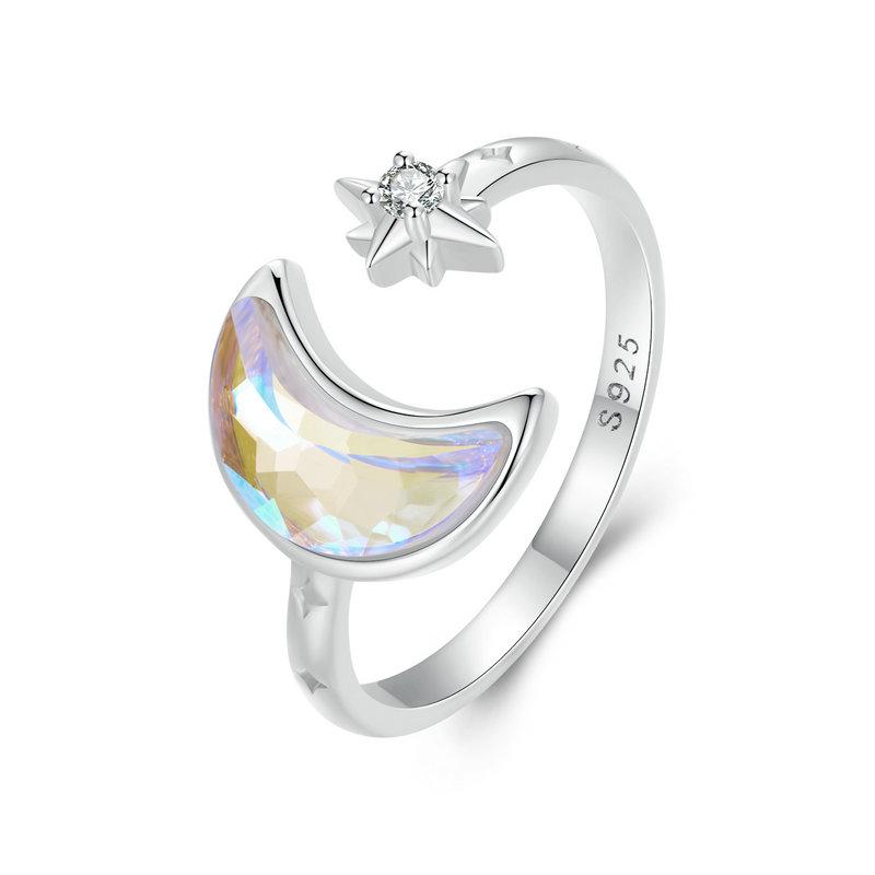 WOSTU 925 Sterling Silver Moon Star Open Ring For Women Rainbow Moonstone Zircon Adjustable Rings Lovely Party Jewelry Gift New