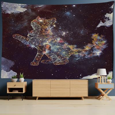 Tapisserie murale à suspendre représentant un chat dans l'univers des étoiles, style bohème, psychédélique, sorcellerie, décoration pour chambre à coucher, salon, maison