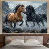 Realistic Two Horses Tapestry Wall Hanging, Black And Bay Stallions Running, Mountain Landscape Animal Wall Art For Living Room