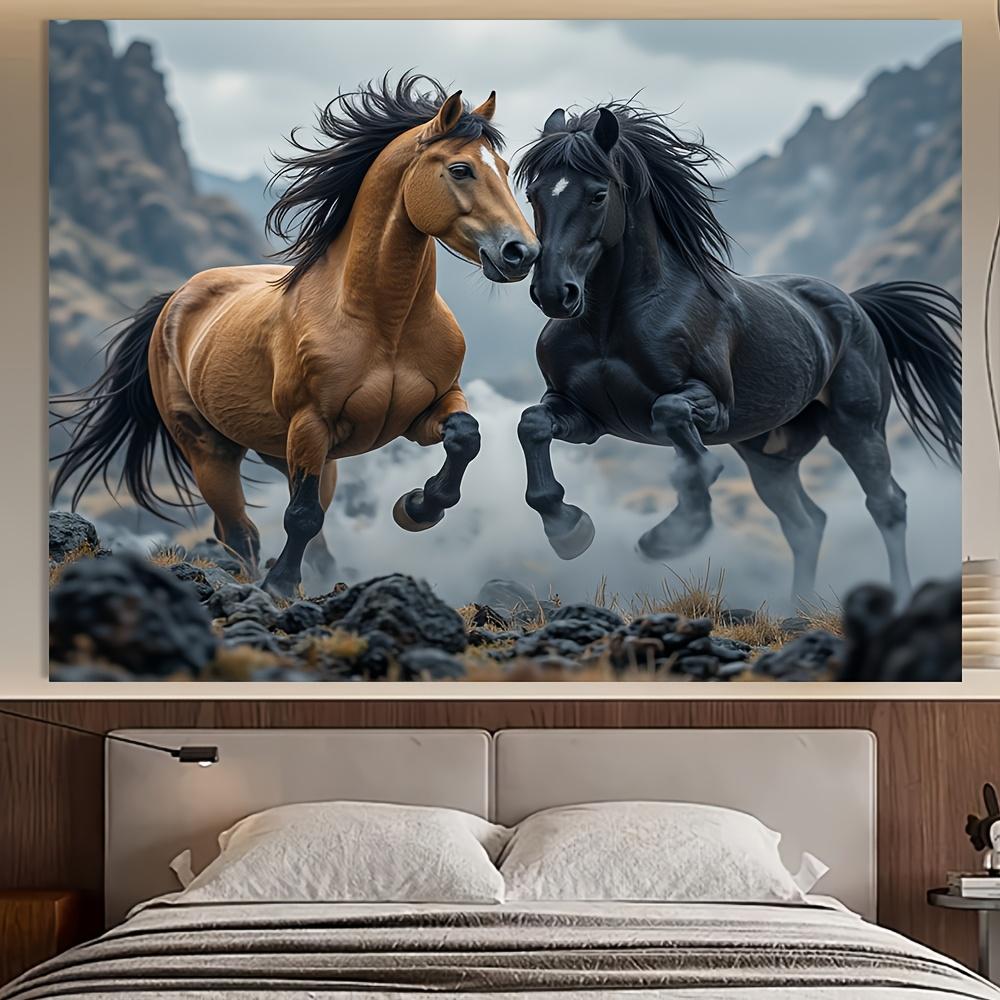 Realistic Two Horses Tapestry Wall Hanging, Black And Bay Stallions Running, Mountain Landscape Animal Wall Art For Living Room