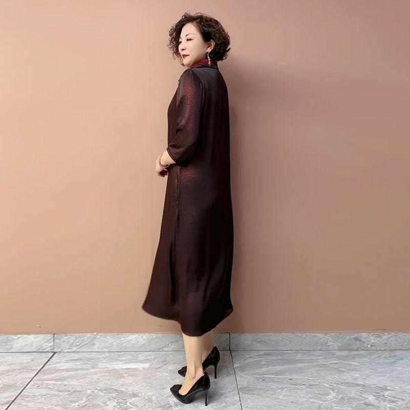 Women’s Silk Dress Summer Lapel Plus-size Dress Solid Color Soft Skin-friendly Breathable Silk Long Dress