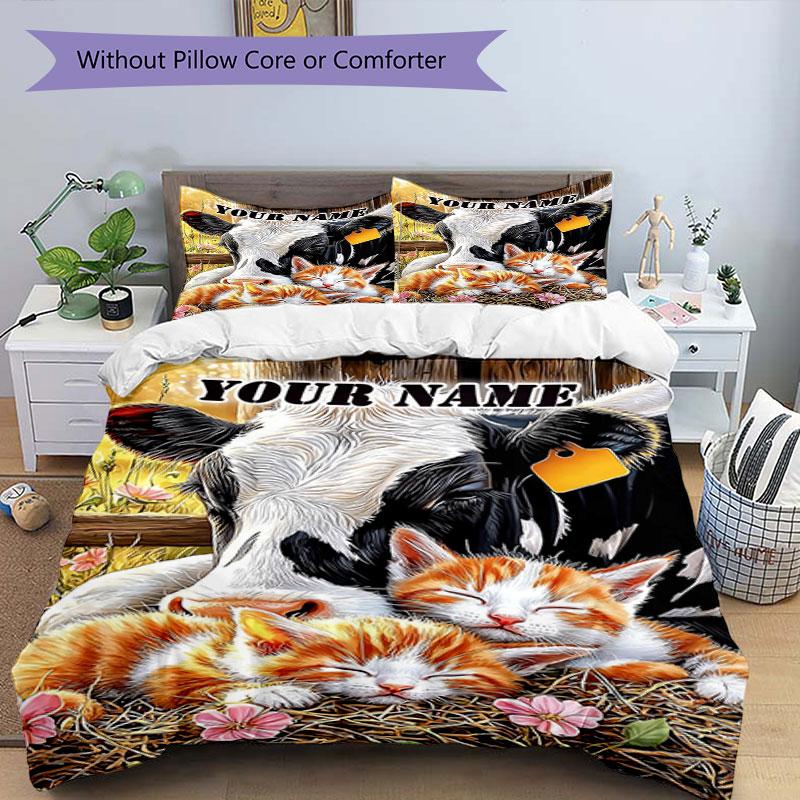 3pcs Custom Name Cow Kittens Pasture Bedding Set Printed Bedding Set Duvet Cover Closure Includes 1 Duvet Cover & 2 Pillowcases Bedroom Decor