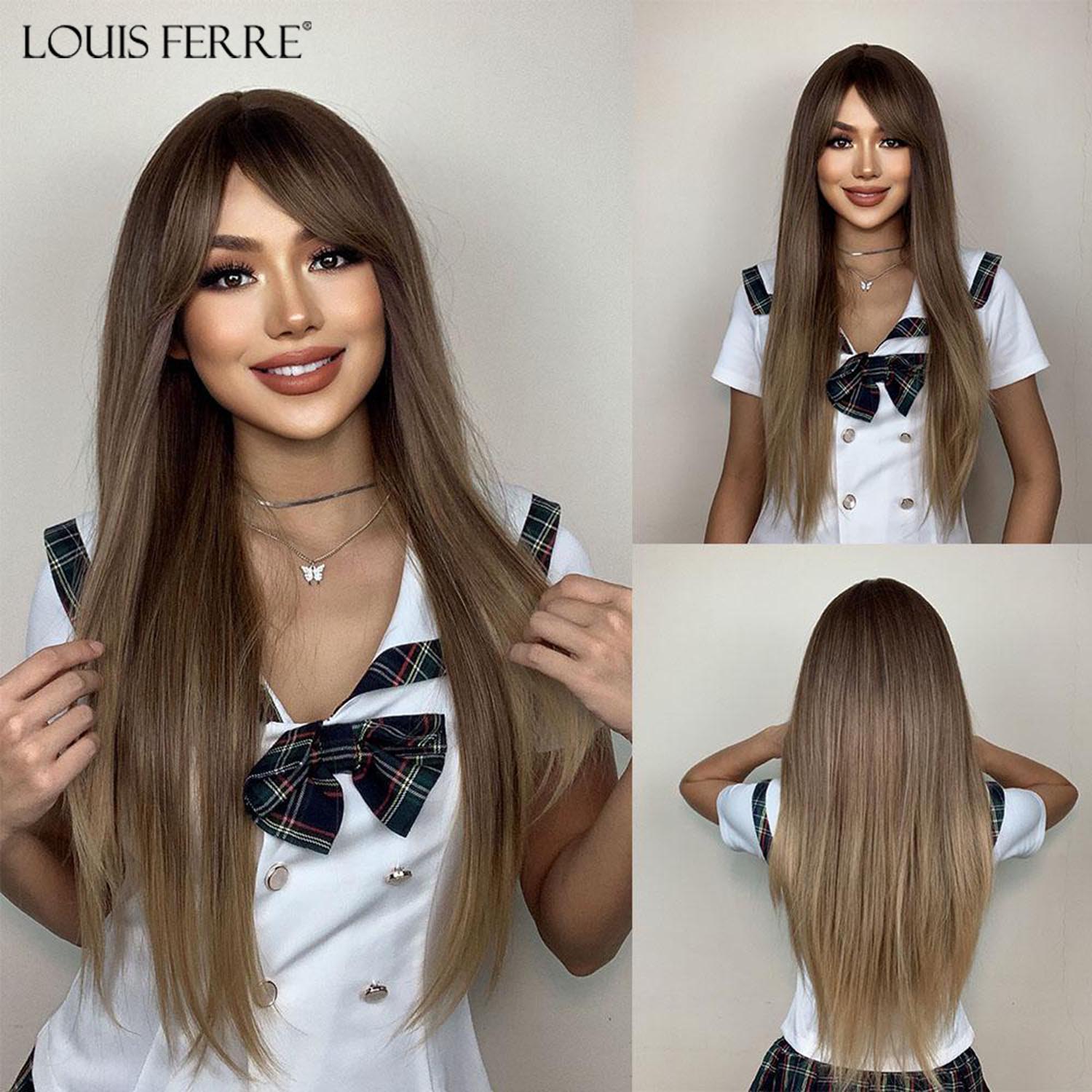 

Светлый Омбре Синтетические Парики с Челкой Длинные Прямые Парики из Натуральных Волос для Женщин Повседневный Косплей Парик Термостойкое Волокно