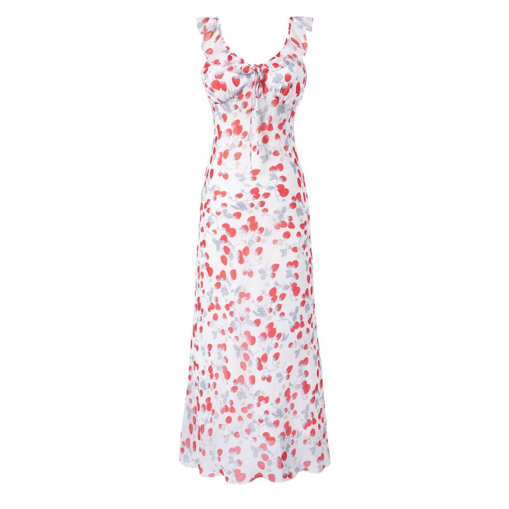 Vacation French V-neck Strawberry Print Waist Thin Dress Women's Summer New Pure Desire Lace-up Long Suspender Skirt