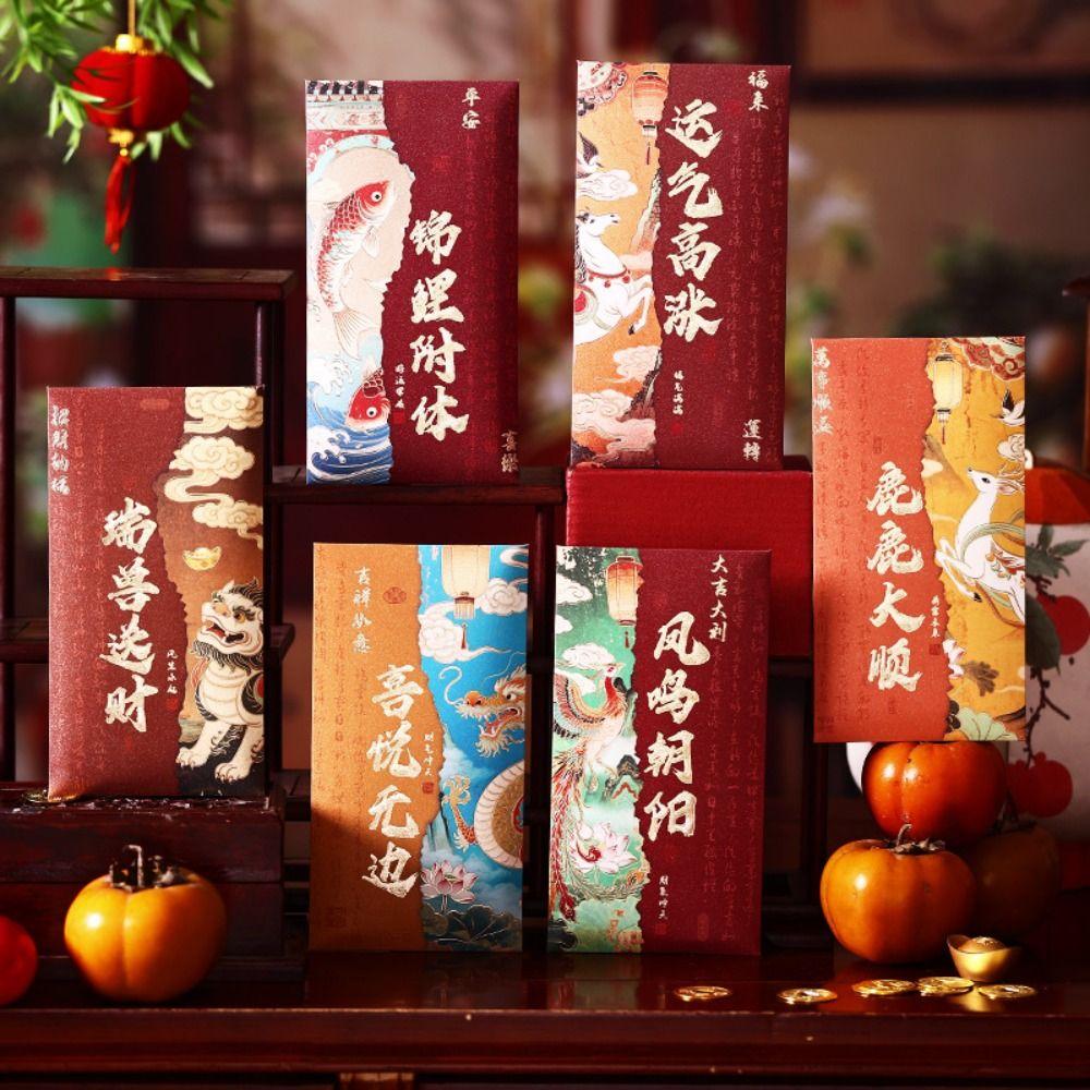 6Pcs Chinese Style New Year Red Packets Gold Foil Design Cash Gift Envelopes  Spring Festival