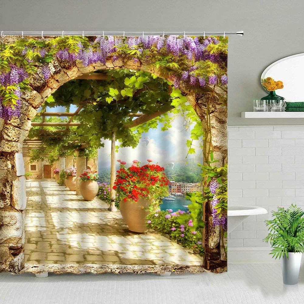 Window Outside Forest Bridge Spring Landscape Creativity Shower Curtain Zen Stone Tree Building Scenery Cloth Curtains With Ho