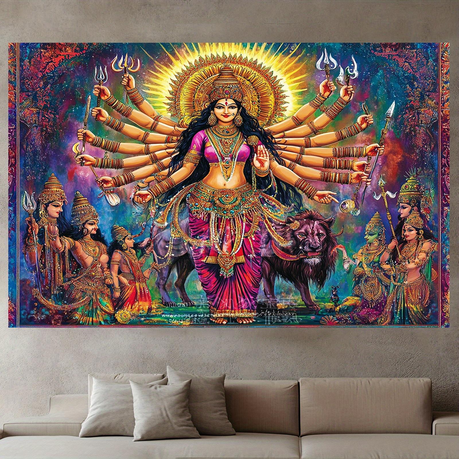 Vibrant Durga battle scene polyester fiber wall - radiant Hindu deity artworks, Indian decorations (as the picture,100x150cm)