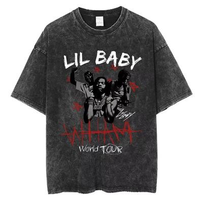 Women's Hip Hop Rap Short Sleeve T-shirt Lil Baby Wham World Tour Merch T-shirt Retro Washed High Quality T-shirt