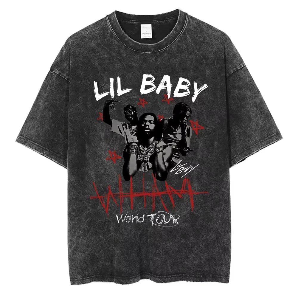 Women s Hip Hop Rap Short Sleeve T-shirt Lil Baby Wham World Tour Merch T-shirt Retro Washed High Quality T-shirt S