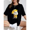 White T Shirt With Cute Cat Holding Yellow Umbrella Print For Casual Wear
