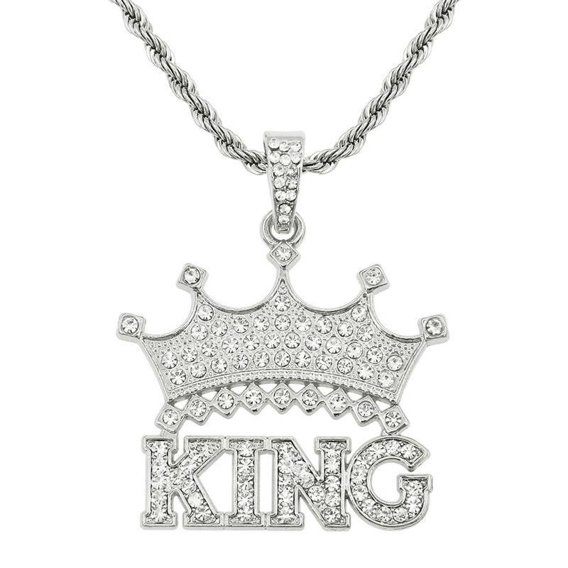 Hot Sale Hip Hop Full Diamond Crown Letter King Alloy Pendant Personalized Niche Necklace Accessories Silver + chain 60cm