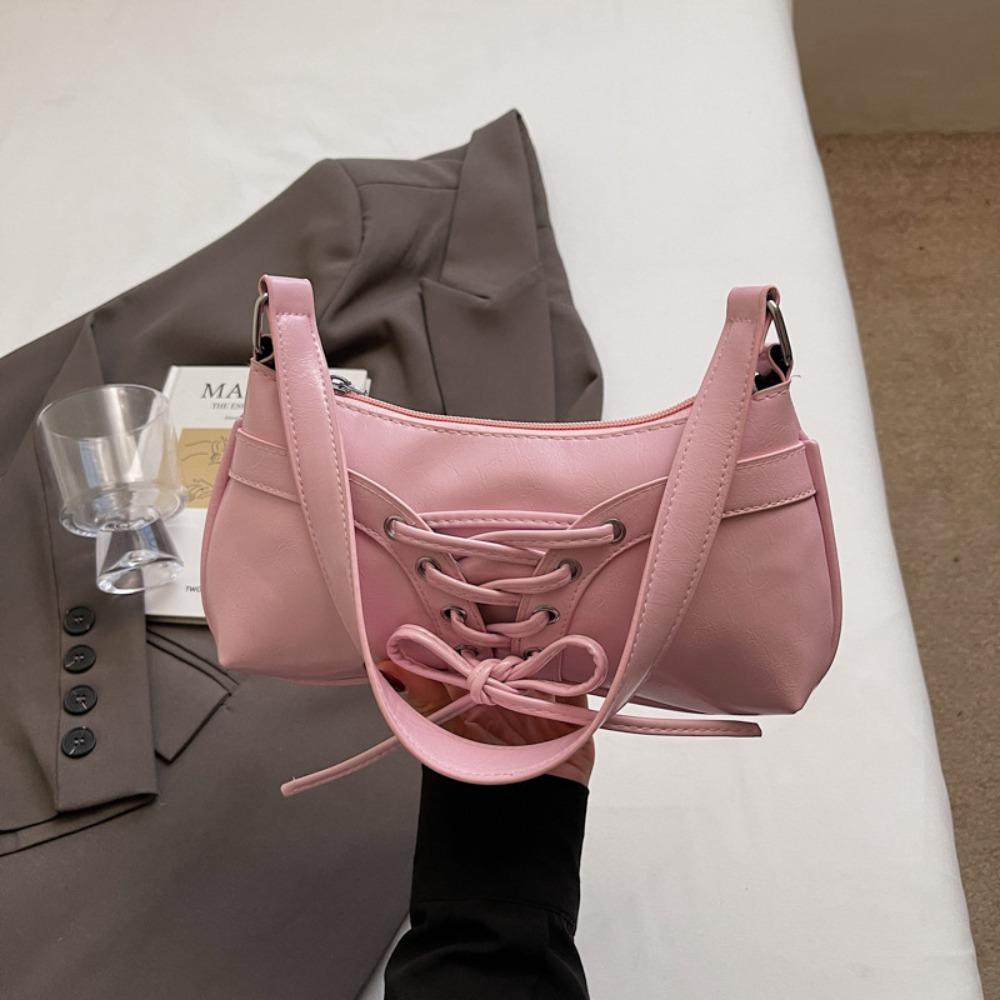 

Sweet Bow Tie Shoulder Bag PU Leather Solid Color Armpit Bag Tote Bag Women розовый
