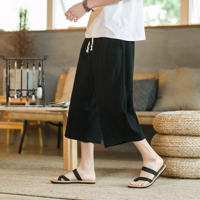 Loose Cotton Linen Men's 7/8 Pants Summer Casual Wide Leg Shorts Breathable Comfortable Loose Fit Male Model Beach Style