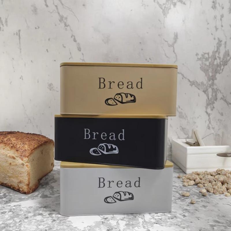 Einfache quadratische Metall-Brotbox, atmungsaktiver und frischhaltender Aufbewahrungsbehälter für die Küche, braune und rote Bambusdeckel-Brotaufbewahrungsbox.