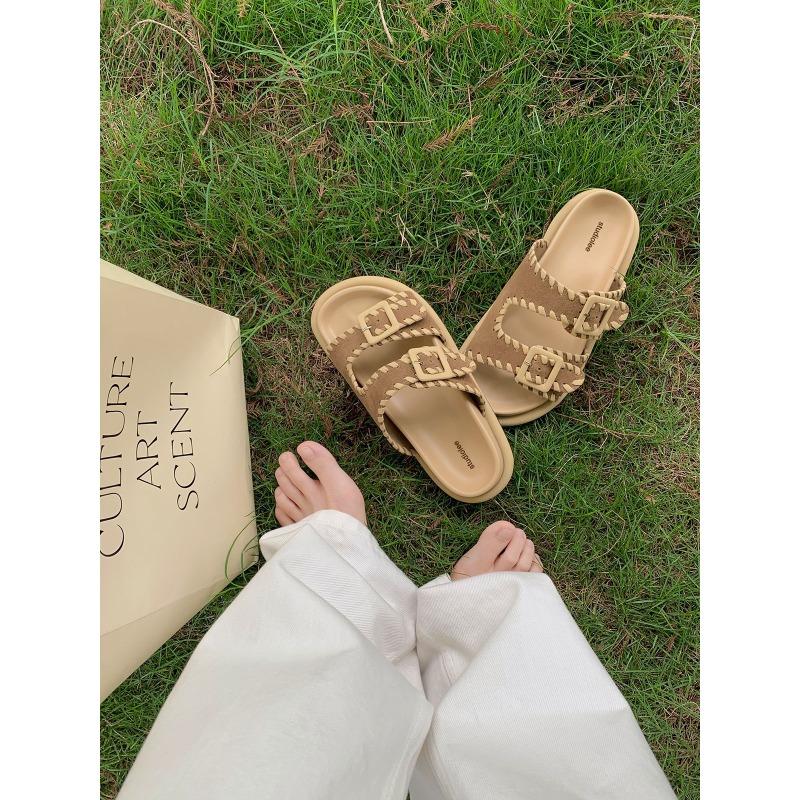 ~ Versatile One-pedal Open-toed Double-breasted Lazy Thick-soled Heightening Slippers Women