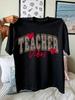 Unisex Back To School Casual Tshirt Teacher Vibes Leopard Varsity Letter Red Heart Graphic Print Crew Neck Short Sleeve Teacher Gift Everyday Wear