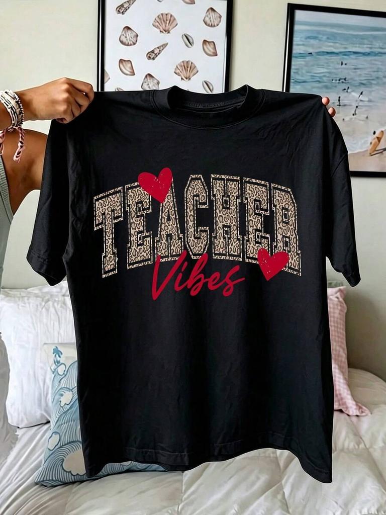 Unisex Back To School Casual Tshirt Teacher Vibes Leopard Varsity Letter Red Heart Graphic Print Crew Neck Short Sleeve Teacher Gift Everyday Wear