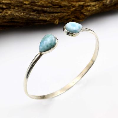 Natural Larimar Gemstone Cuff Bangle Bracelet, Handmade Jewelry, Women Bangle, 925 Sterling Silver, Adjustable Bracelet