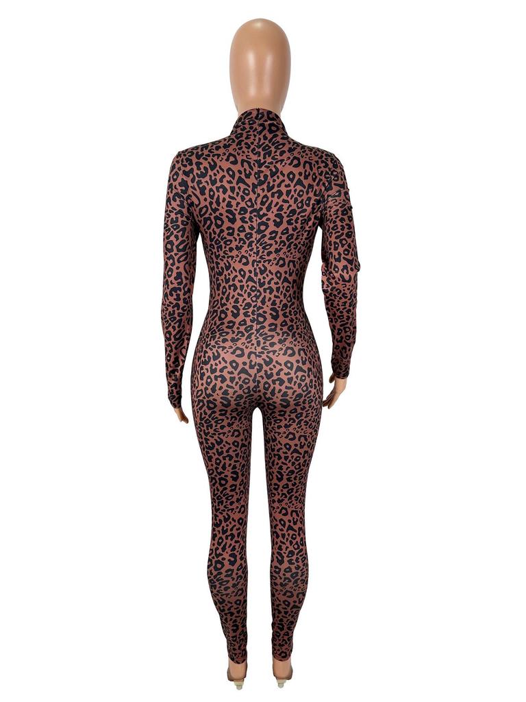 Leopard Print High-Waisted Slim-Fit Long-Sleeve Jumpsuit for Women