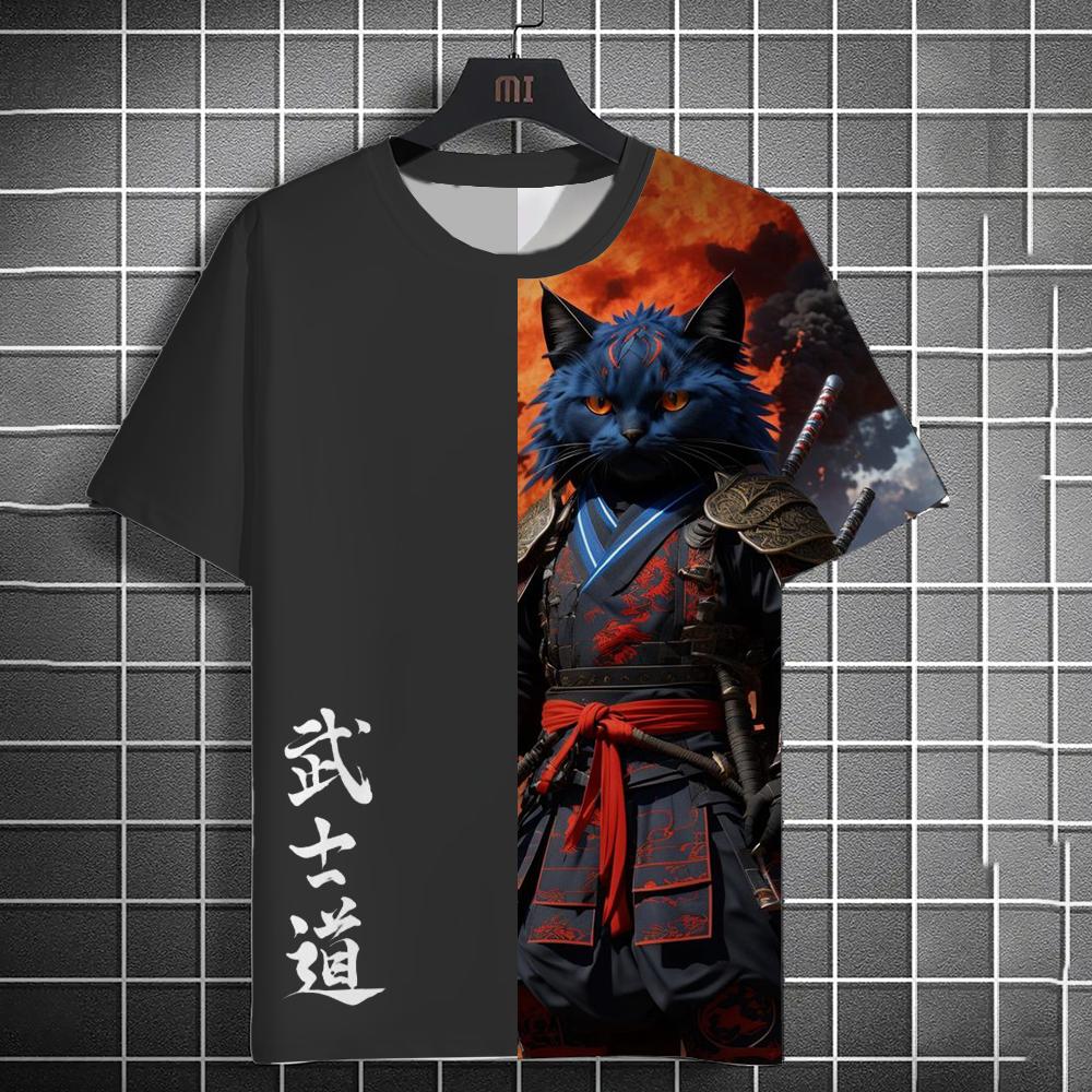 Bushido Animal Cat Samurai Print Men's T-shirt Summer Short Sleeve T-shirt Men's Retro Men's Tops Casual Men's Loose T-shirt