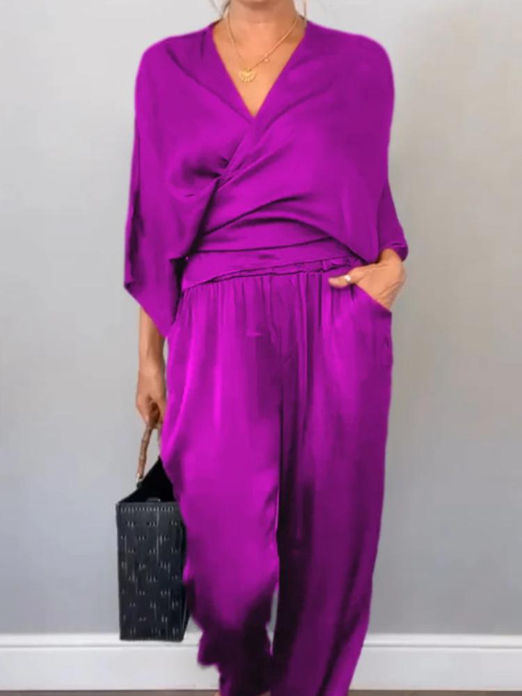 

Женский коричневый топ с V-образным вырезом и перекрестом спереди, с брюками широкого кроя, повседневный лаунж-комплект 3XL фиолетовый