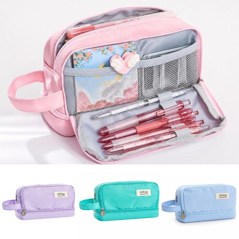 Zipper Closure Stationery Box Two Layer Storage Bag Portable Pencil Case Students