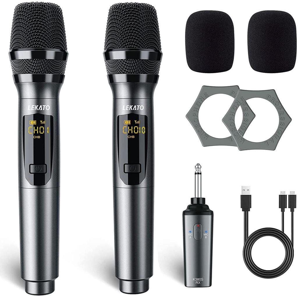 LEKATO Dobíjecí bezdrátový dynamický mikrofon, UHF ruční mikrofon s mini přijímačem, Ideální pro schůzky, karaoke a domácí večírky [Sada