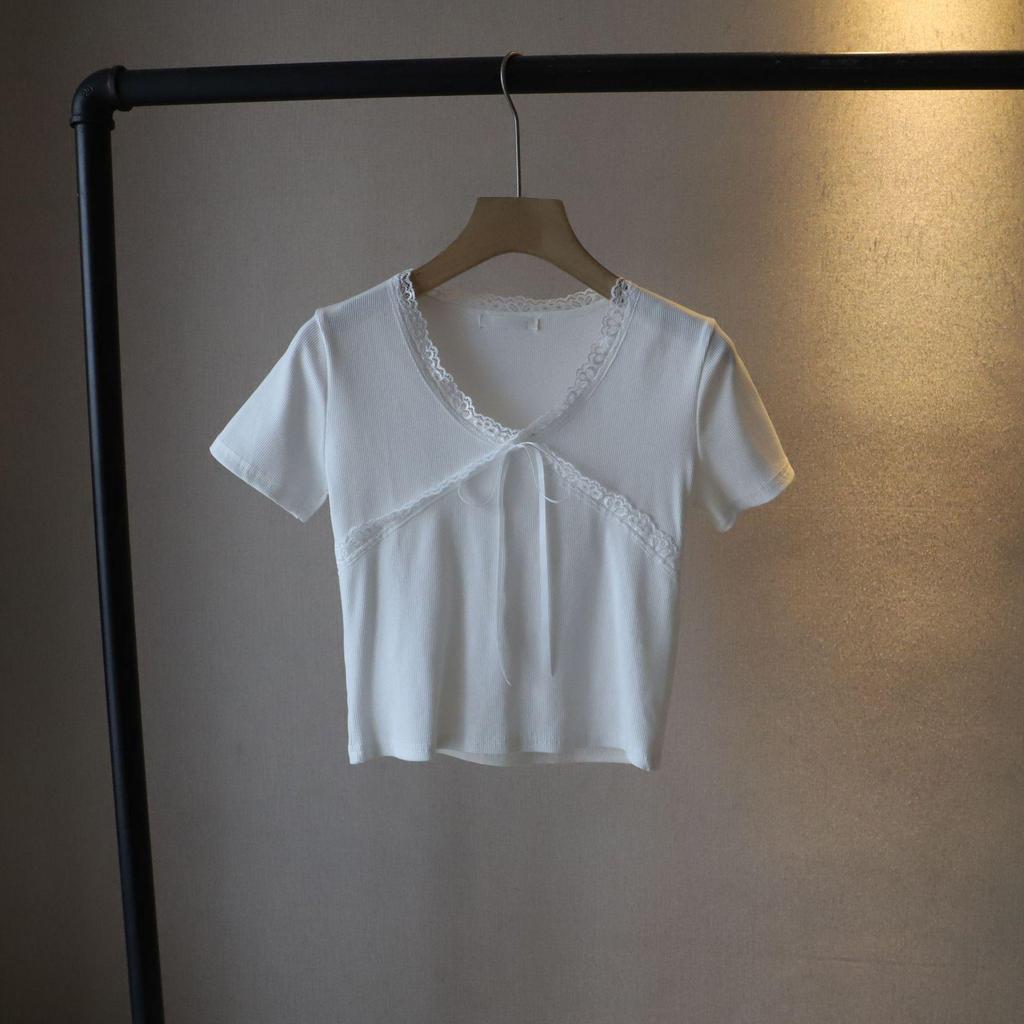 Petite Short-Sleeved Bow Slim-Fit Top - 2025 Korean Style Summer Women's Fashion