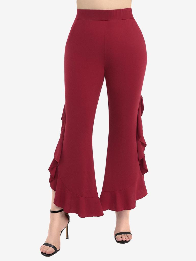 Rosegal Plus Size Side Lace Up Braided Flounce Hem Pockets Solid Bootcut Pants