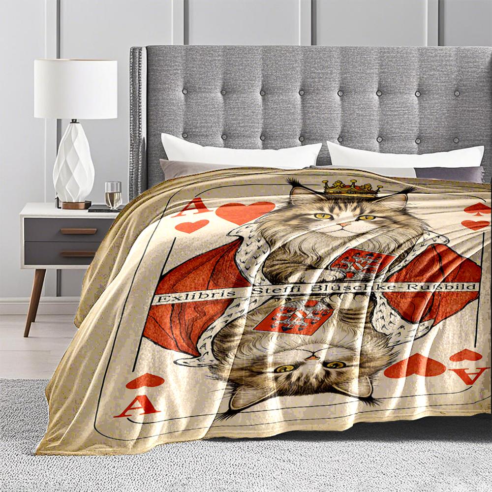 Royal Cat Playing Card Design blanket King of Hearts Style Decor blanket, suitable for use in the bedroom, living room, on the sofa