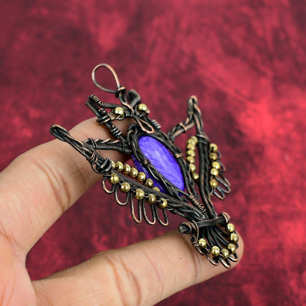 Charoite Pendant Copper Wire Wrapped Pendant Owl Pendant Unique Copper Jewelry Gemstone Handmade Pendant Wire Wrap Jewelry Gifts For Mother