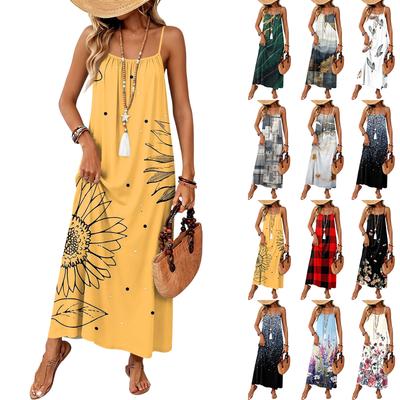 Women's Sleeveless Maxi Dress Geometric Floral Print Lightweight Casual Long Dress for Home Vacation Beachwear