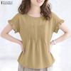 ZANZEA Blusa Casual da Donna a Maniche Corte e Girocollo a Tinta Unita