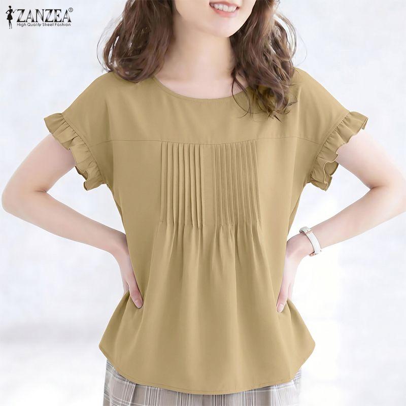 ZANZEA Blusa Casual da Donna a Maniche Corte e Girocollo a Tinta Unita