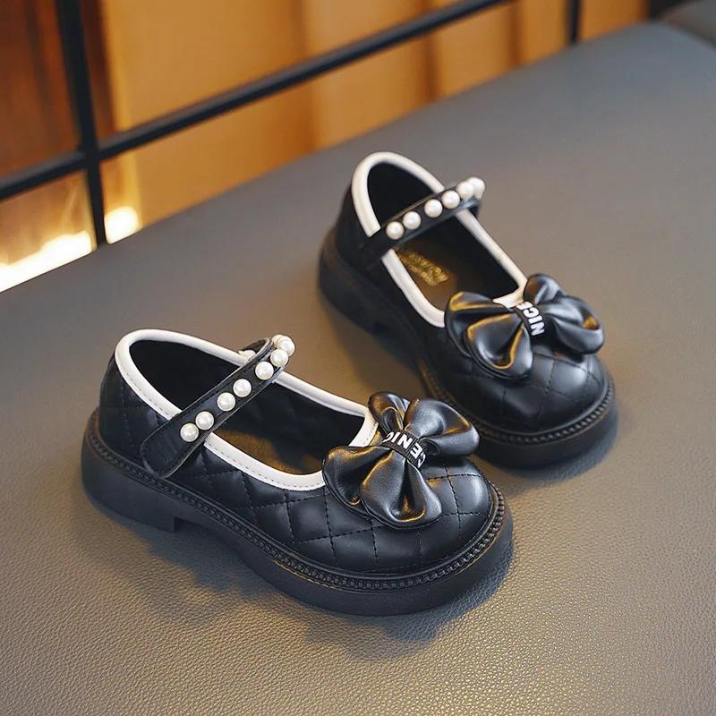 Children's Leather Shoes Spring Autumn Kids Mary Jane Shoes Fashion Pearl Bowknot Girls' Flat Shoes Lolita Toddlers Single Shoes