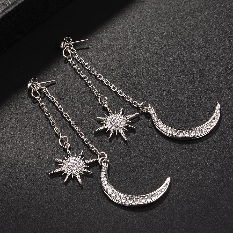 European-American Rhinestone Crystal Tassel Sun & Moon Stud Earrings