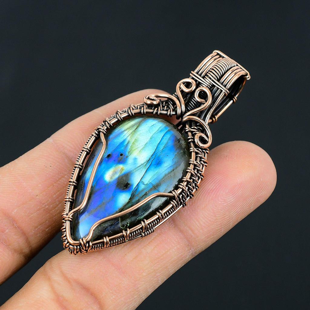 Handmade Copper Wire Wrapped Labradorite Pendant Necklace - Natural Blue Flash Gemstone Jewelry Unique Boho Statement Gift for Her
