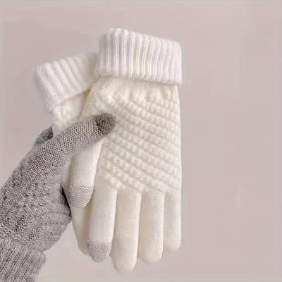 Pair of Knitted Gloves for Touch Screen - 1 Pair, Warm Winter Gloves for Cycling and Outdoor Activities - Plain White