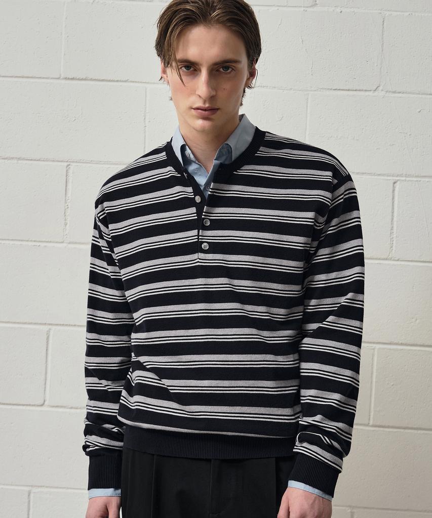 DRAW FIT Washable Striped Henley Neck Knit [Navy]
