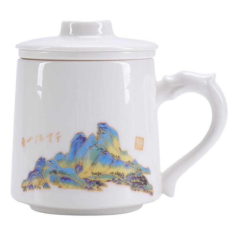 Jade White Porcelain Tea Cup with Water Separator - Large Capacity, Personal Use, High-End Office Mug for Tea Brewing