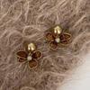 Vintage Metal Pearl Flower Drop Earrings for Women Exquisite Brown Drip Oil Irregular Petal Temperament Earrings Wedding Zircon