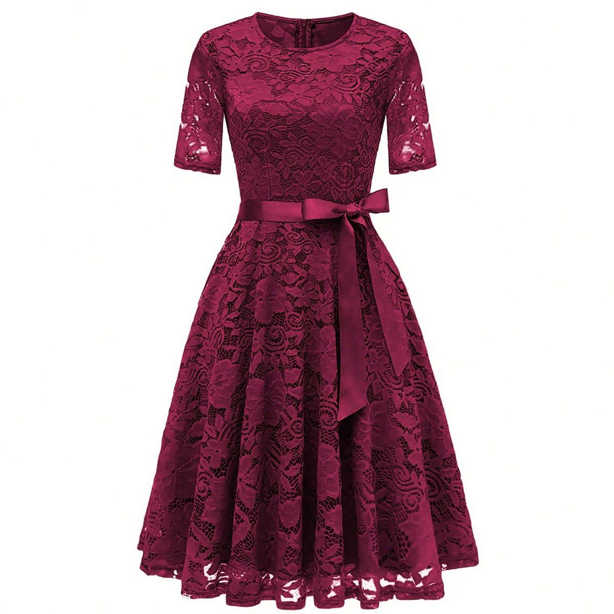 

Европейское, американское весенне-летнее новое модное кружевное облегающее платье с бантом, подчеркивающее фигуру и темперамент S бордовый
