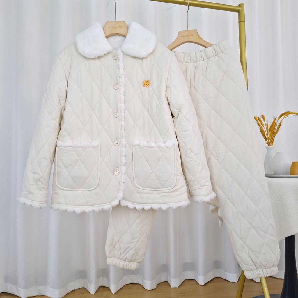 Quilted Women's Winter Pajamas Set: Three-Layer Thick Long-Sleeve Cotton Jacket with Plush Lining