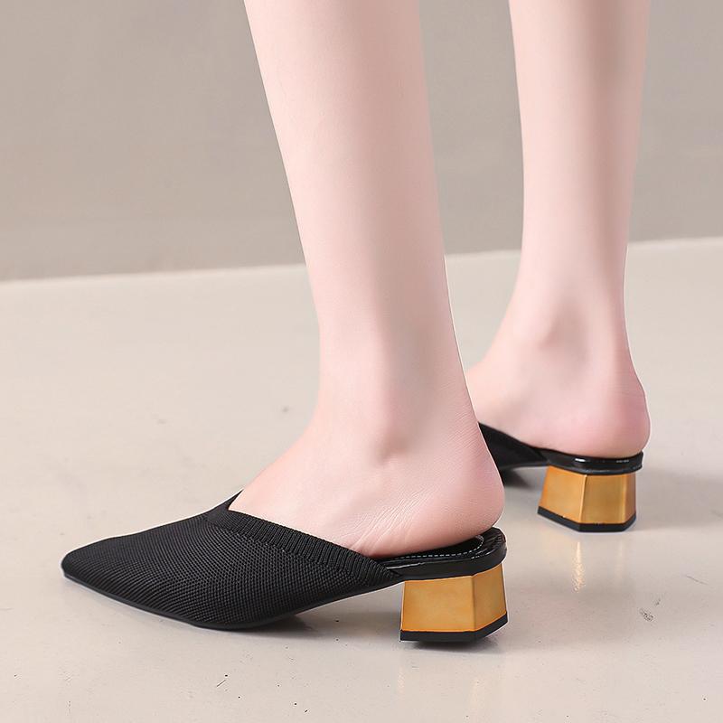 Fashion 2025Summer Women's Knitted Slider Mule New Elegant Mesh Breathable Shoe Slipper Closed Toe Slider Shoes Splice Solid Color