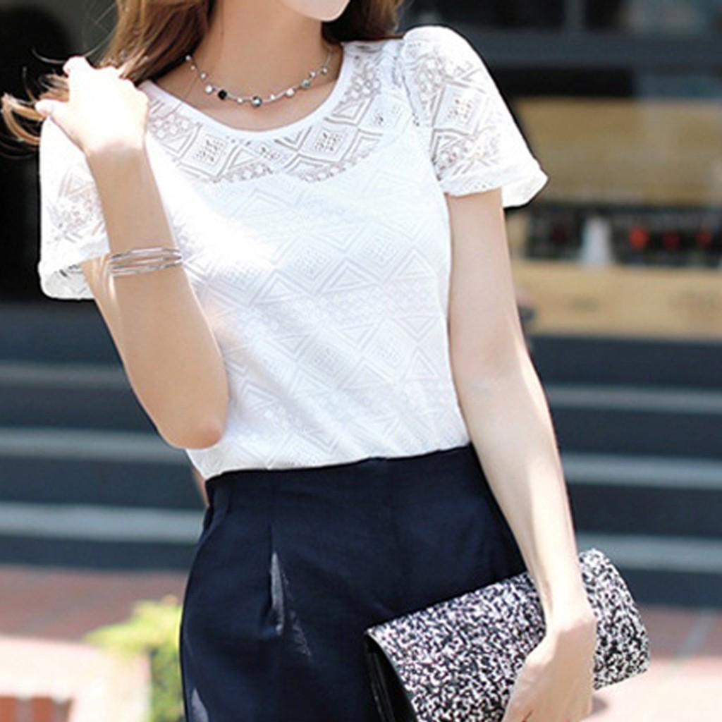 

OV Женская модная футболка с коротким рукавом и круглым вырезом для отдыха, топы, кружевная однотонная блузка S белый