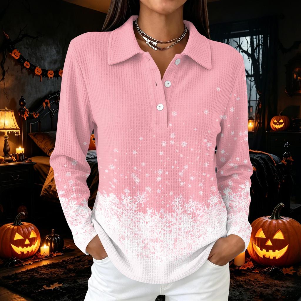 Women's Casual Christmas Print Long Sleeve Button Blouse with Lapel Collar and Side Slits