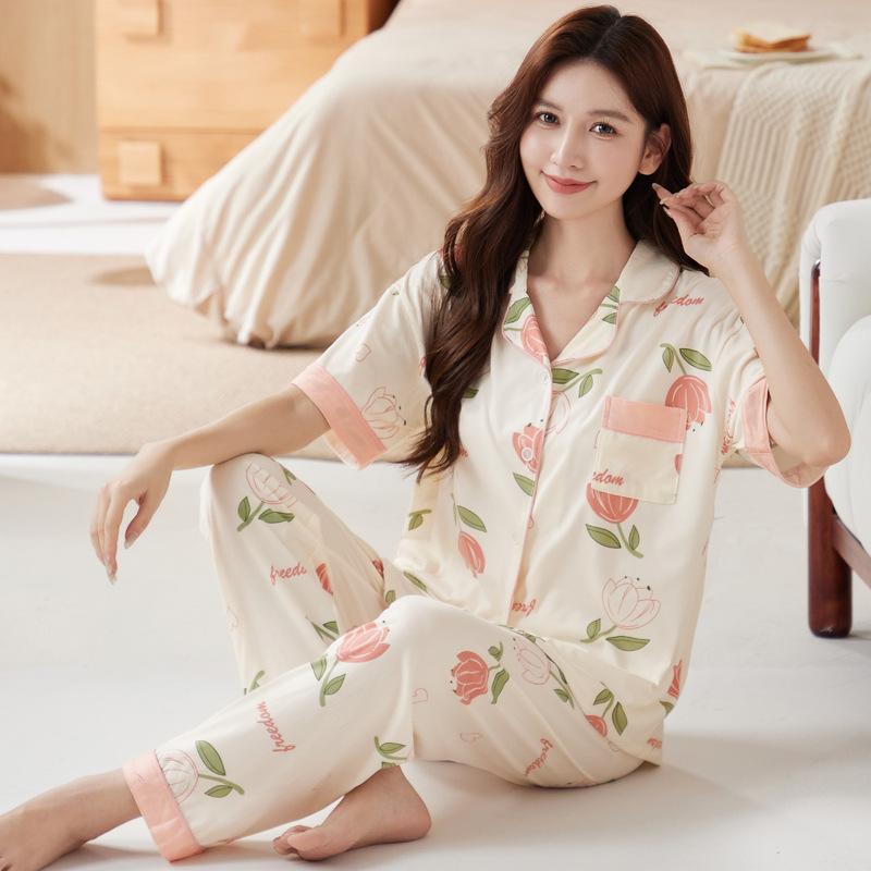 Sweet High-end Pajamas Women's Summer New Imitation Cotton Short-sleeved Trousers Autumn Medium Large-size Loungewear