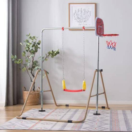 BTM Children's Horizontal Bar, IndoorOutdoor Use, Foldable, 70kg Weight Capacity, Basketball Swing, Hanging Rings, 5 Height Adjustments, Aerobic