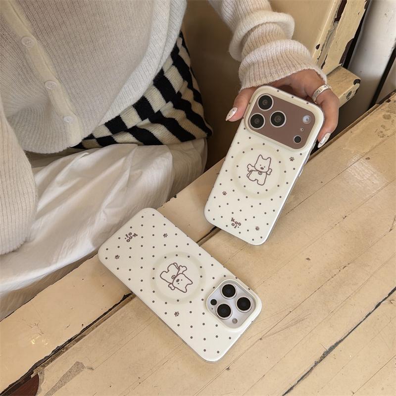 Magnetic Double Layer Beige Polka Dot Puppy Phone Case For iPhone 17 Pro 16 15 14 17 Pro Max Shockproof Cover Girl 17pro